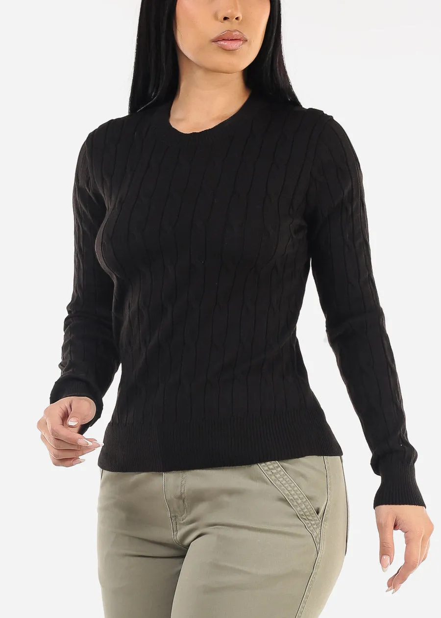 Long Sleeve Crewneck Cable Knit Sweater Black sold by Moda