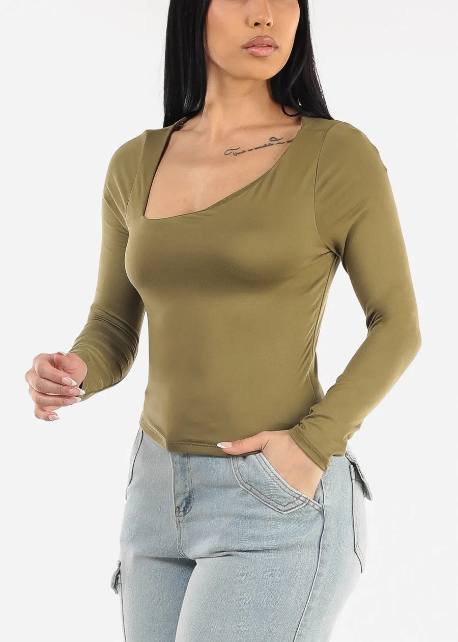 Long Sleeve Asymmetrical Neckline Top Olive sold by Moda