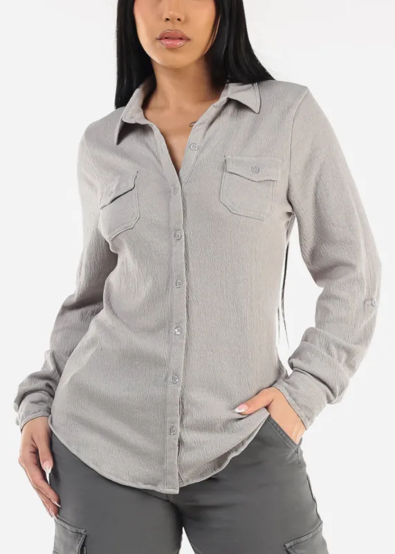 Long Sleeve Button Up Shirt Grey sold by Moda