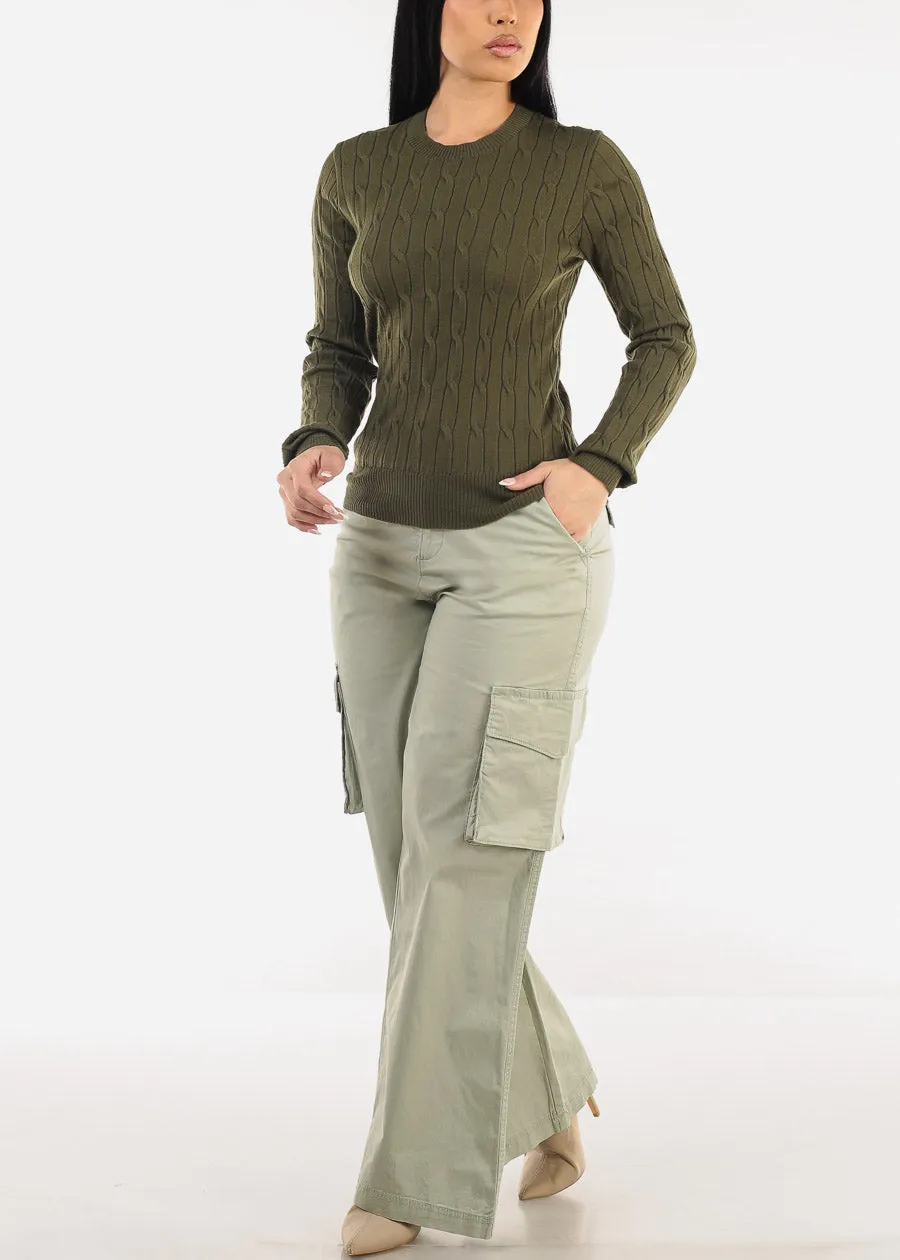 Long Sleeve Crewneck Cable Knit Sweater Olive sold by Moda product image thumbnail 2