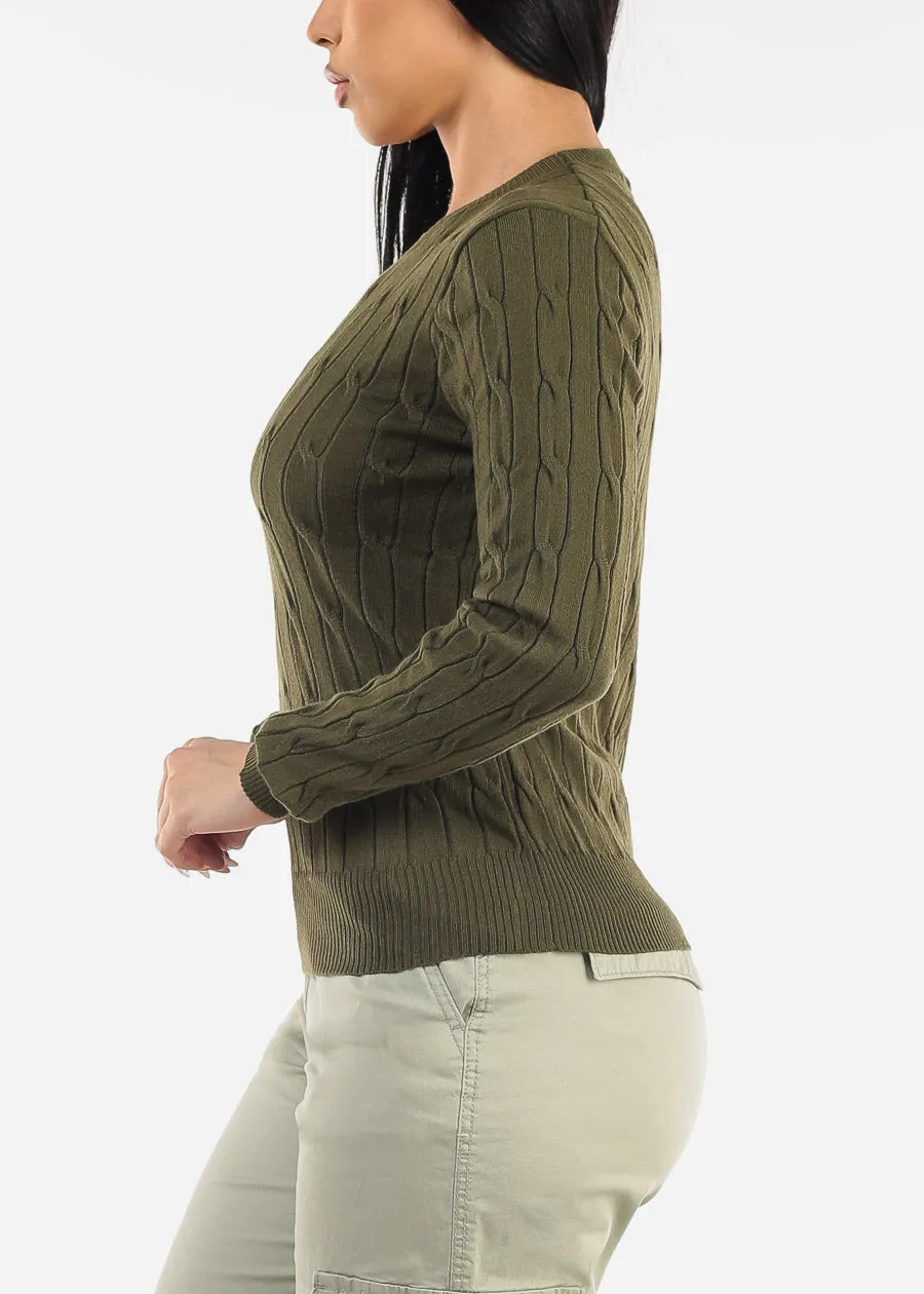 Long Sleeve Crewneck Cable Knit Sweater Olive sold by Moda product image thumbnail 3