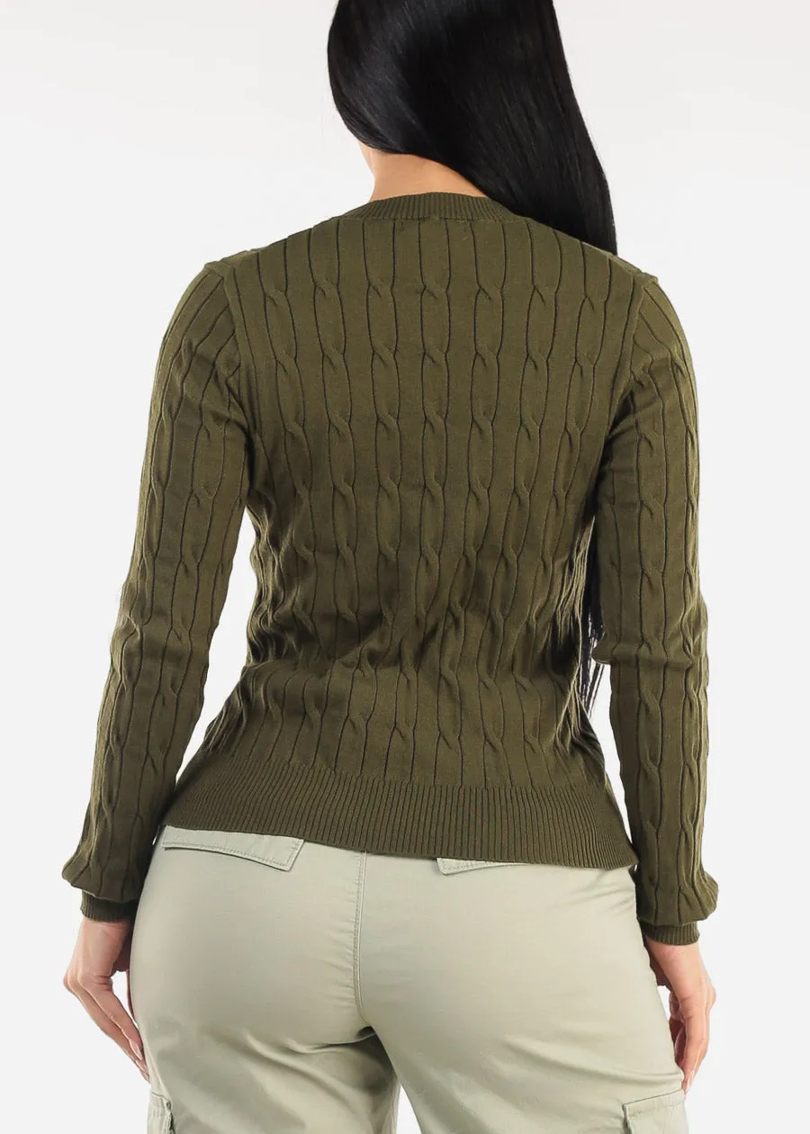 Long Sleeve Crewneck Cable Knit Sweater Olive sold by Moda product image thumbnail 4