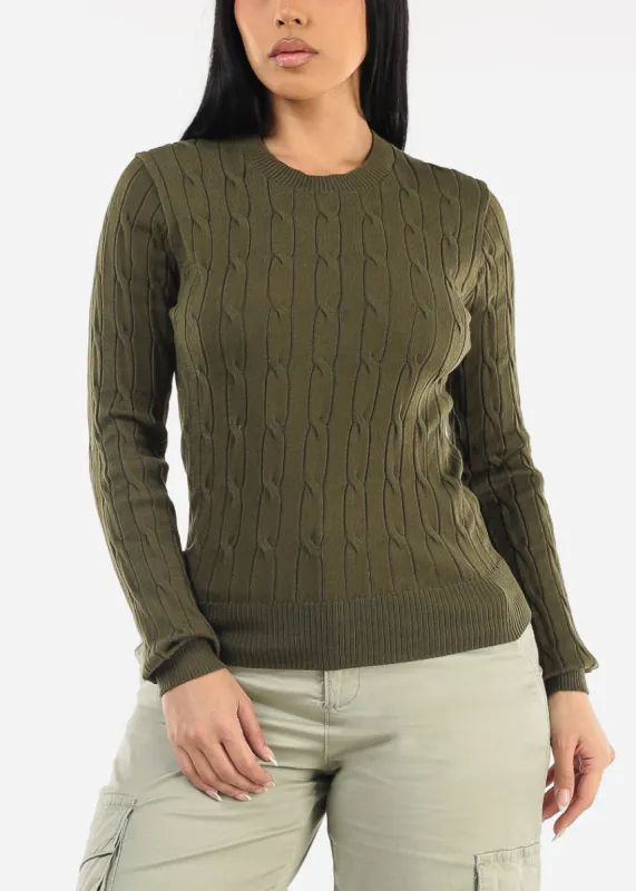 Long Sleeve Crewneck Cable Knit Sweater Olive sold by Moda