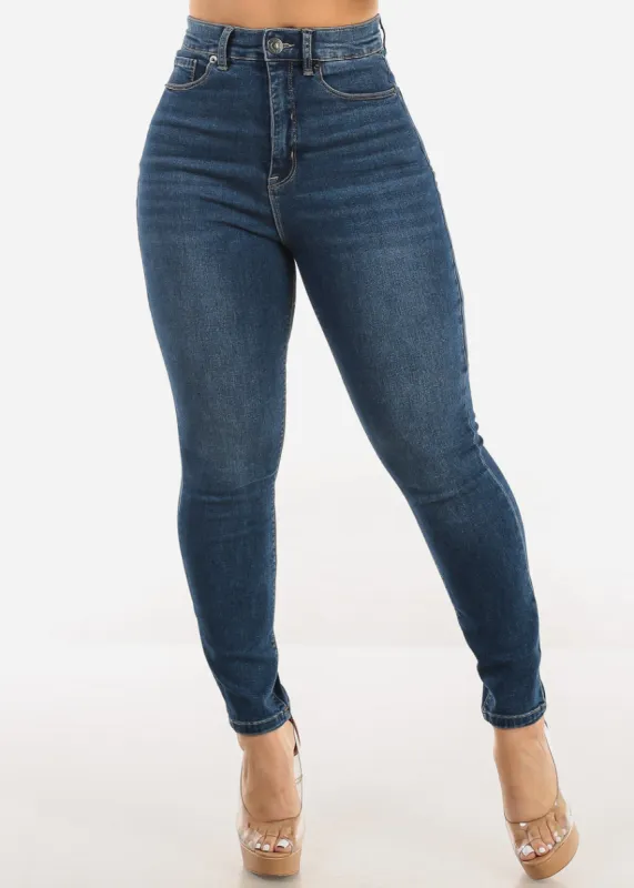 Super High Waist 1 Button Skinny Jeans Med Wash sold by Moda