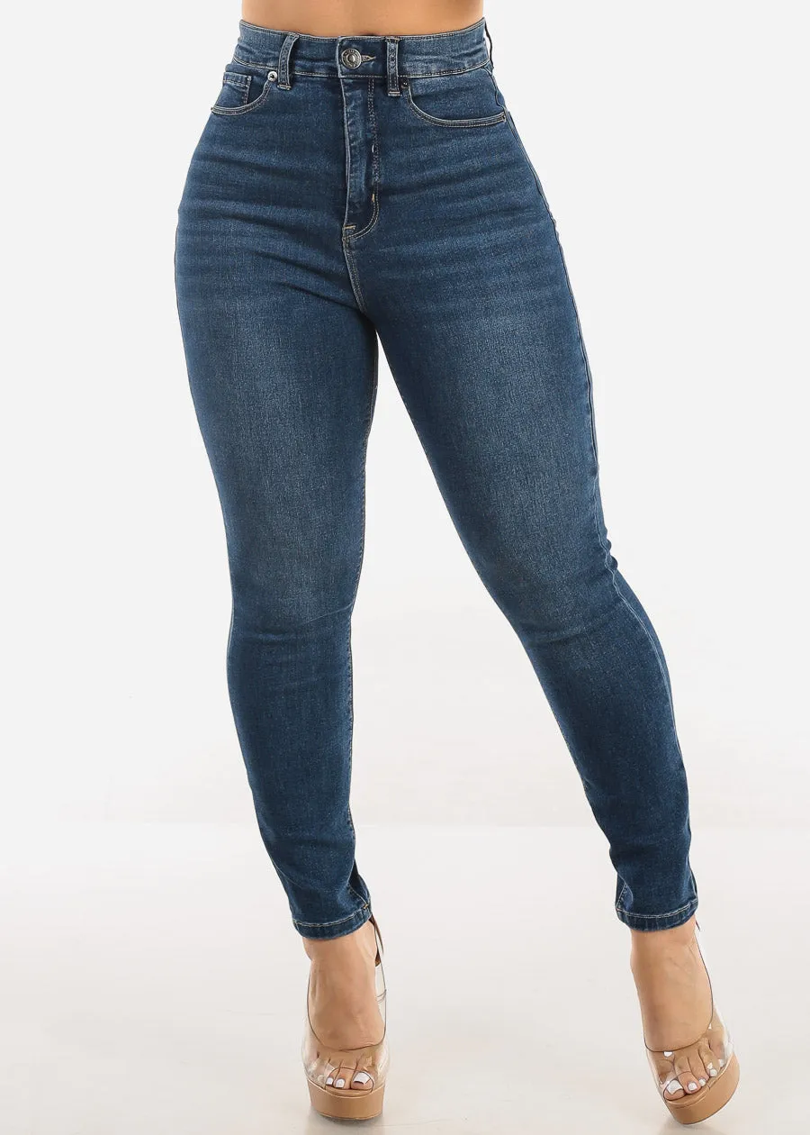 Super High Waist 1 Button Skinny Jeans Med Wash sold by Moda