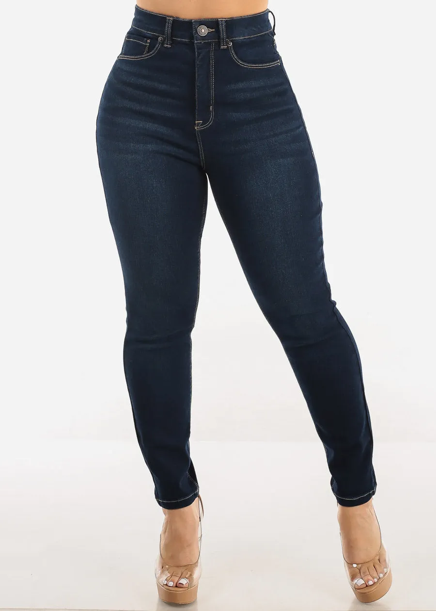 Super High Waist 1 Button Skinny Jeans Dark Wash sold by Moda