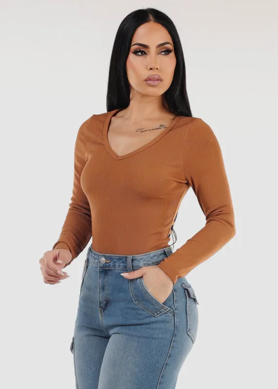Long Sleeve Vneck Ribbed Top Light Brown sold by Moda
