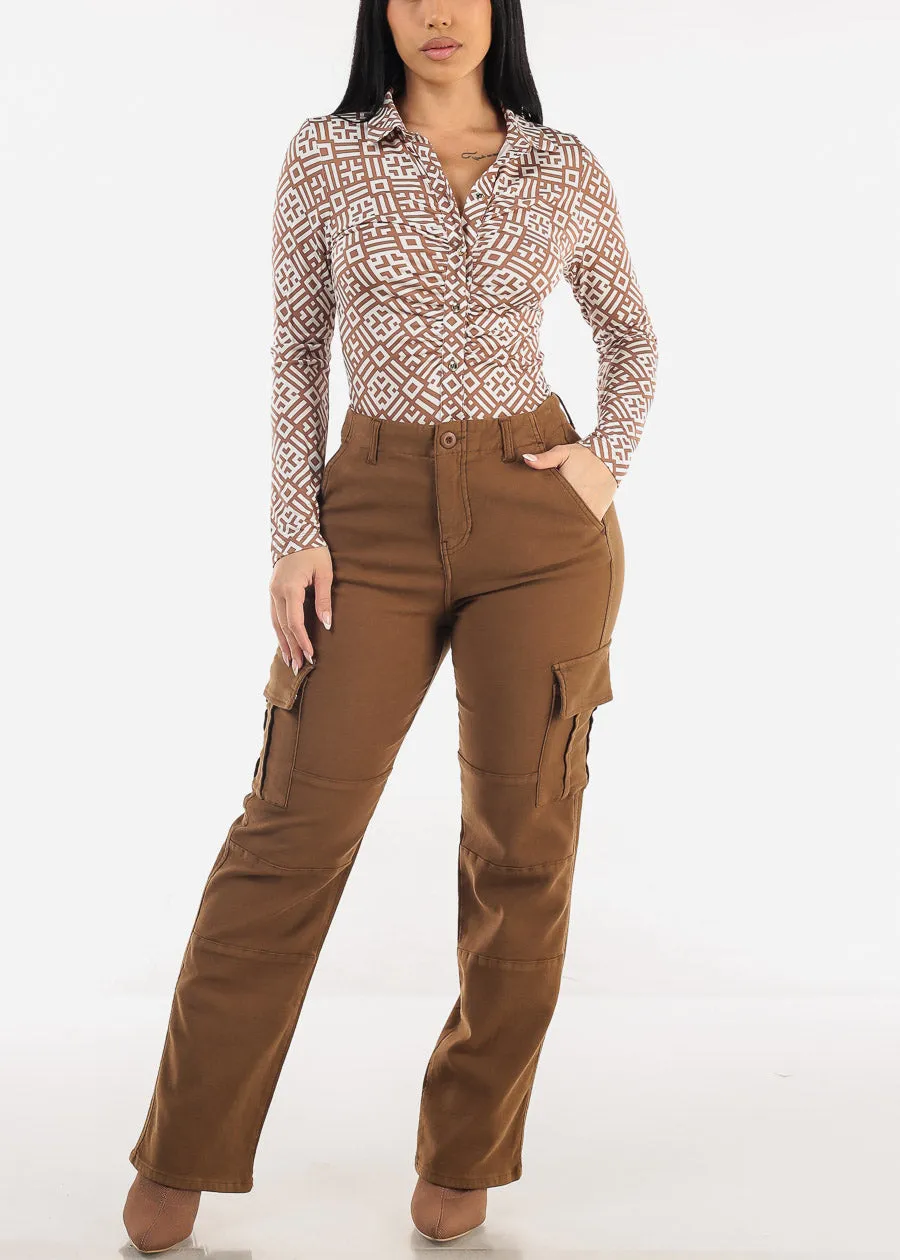 Butt Lift High Rise Straight Wide Leg Cargo Jeans Brown sold by Moda product image thumbnail 2