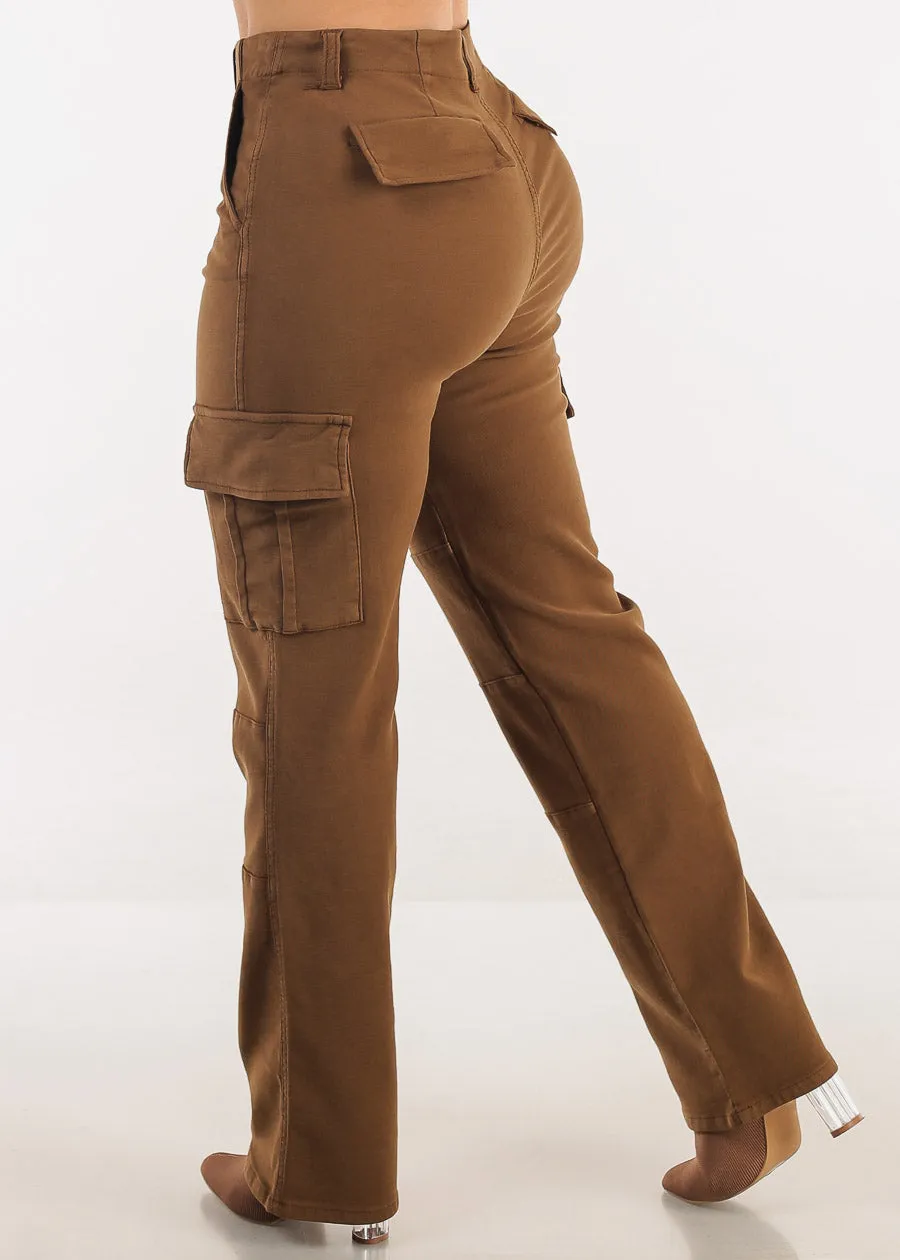 Butt Lift High Rise Straight Wide Leg Cargo Jeans Brown sold by Moda