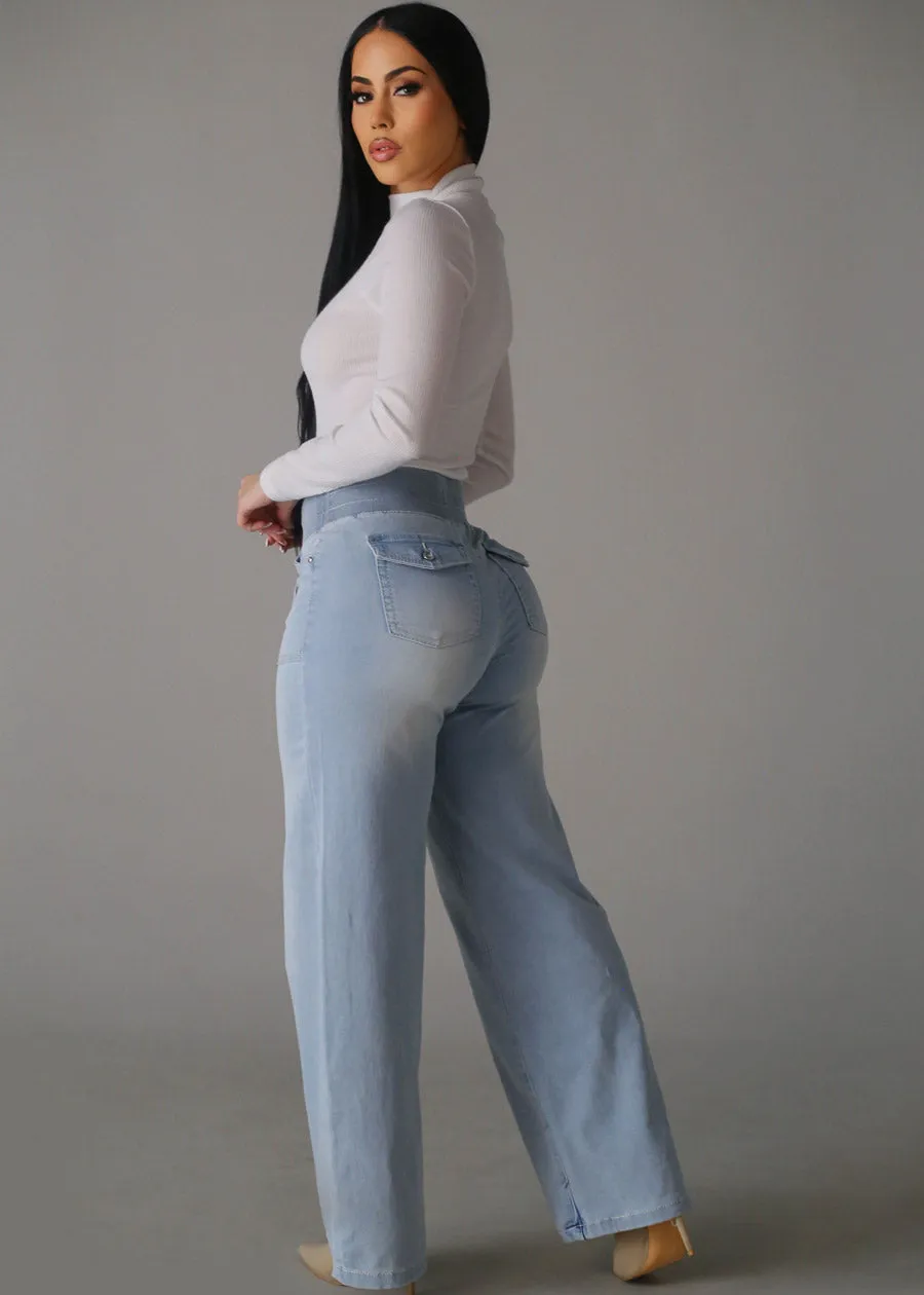 Super High Elastic Waist Wide Leg Jeans Light Wash sold by Moda product image thumbnail 3