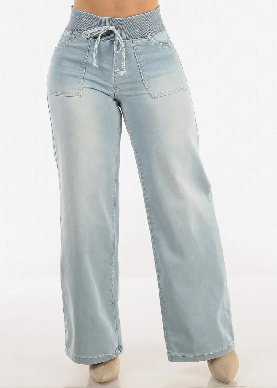 Super High Elastic Waist Wide Leg Jeans Light Wash sold by Moda