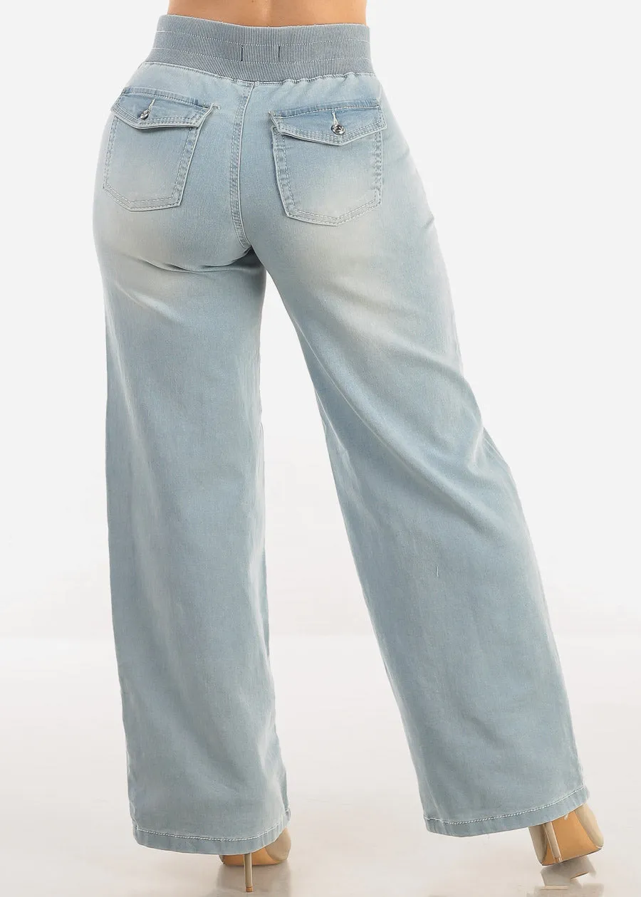Super High Elastic Waist Wide Leg Jeans Light Wash sold by Moda product image thumbnail 5