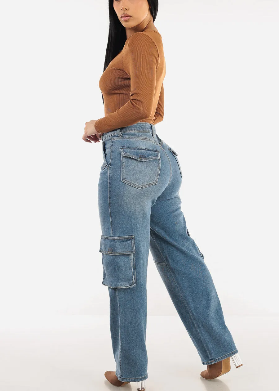 Super High Waist Straight Wide Leg Cargo Jeans Med Wash sold by Moda product image thumbnail 5