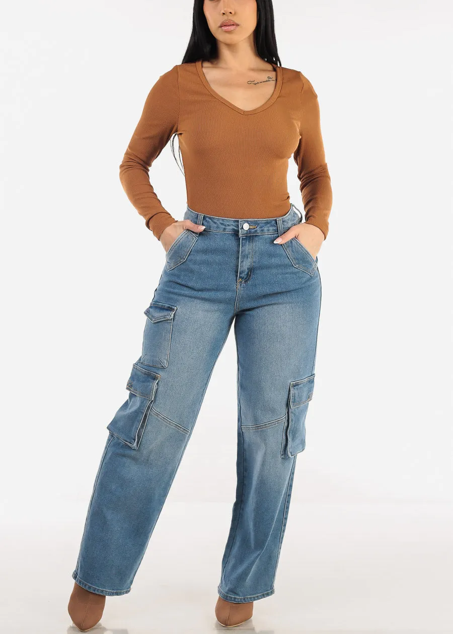 Super High Waist Straight Wide Leg Cargo Jeans Med Wash sold by Moda product image thumbnail 2