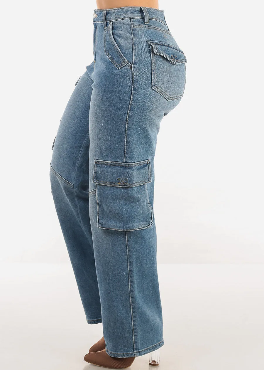 Super High Waist Straight Wide Leg Cargo Jeans Med Wash sold by Moda product image thumbnail 3