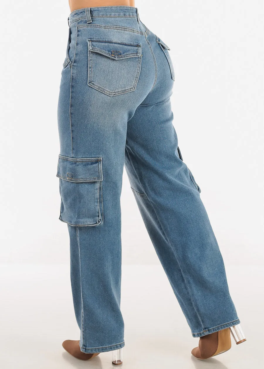 Super High Waist Straight Wide Leg Cargo Jeans Med Wash sold by Moda product image thumbnail 4