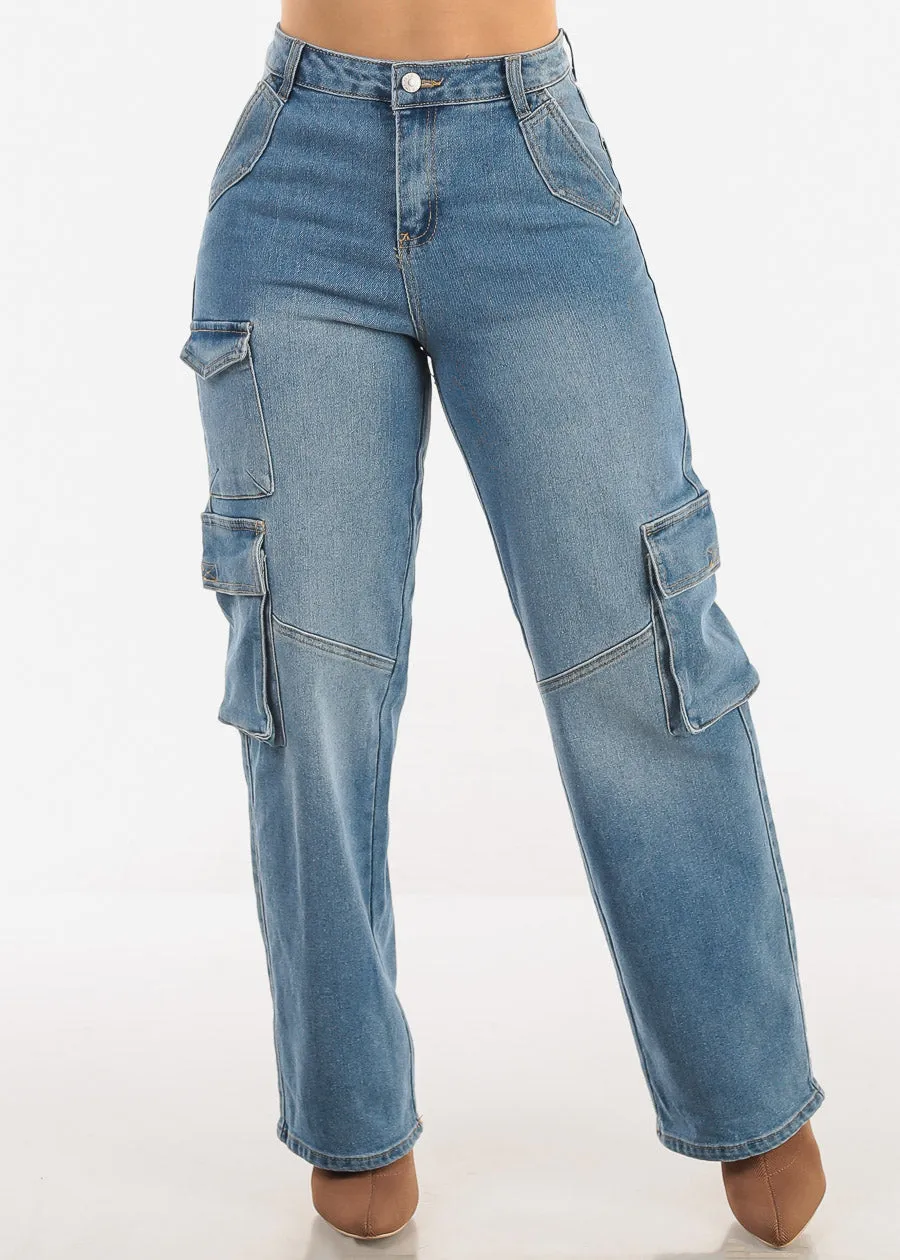 Super High Waist Straight Wide Leg Cargo Jeans Med Wash sold by Moda