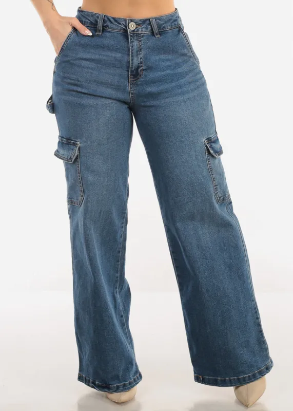 Super High Waist Wide Leg Cargo Jeans Med Wash sold by Moda