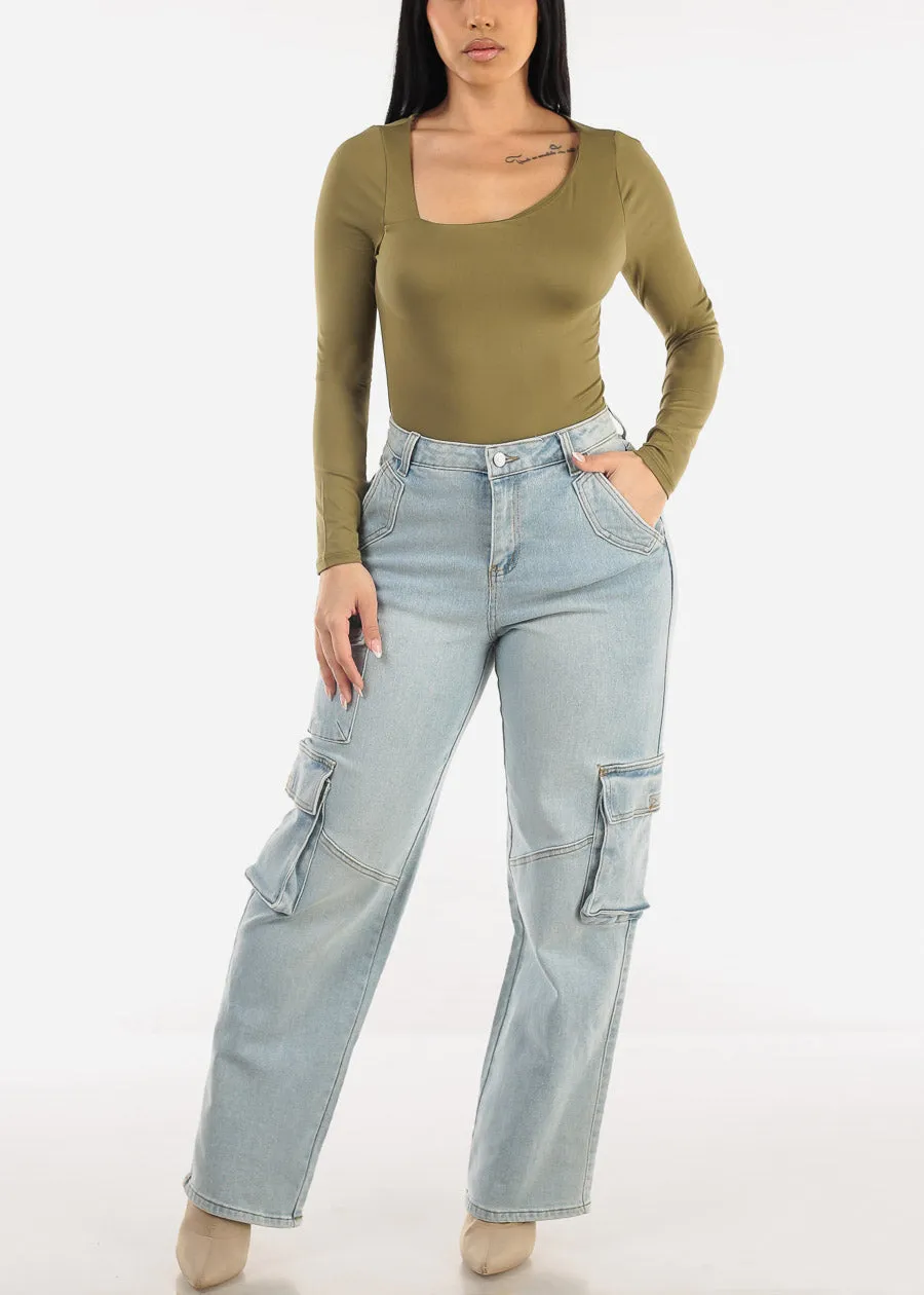Super High Waist Straight Wide Leg Cargo Jeans Light Wash sold by Moda product image thumbnail 2