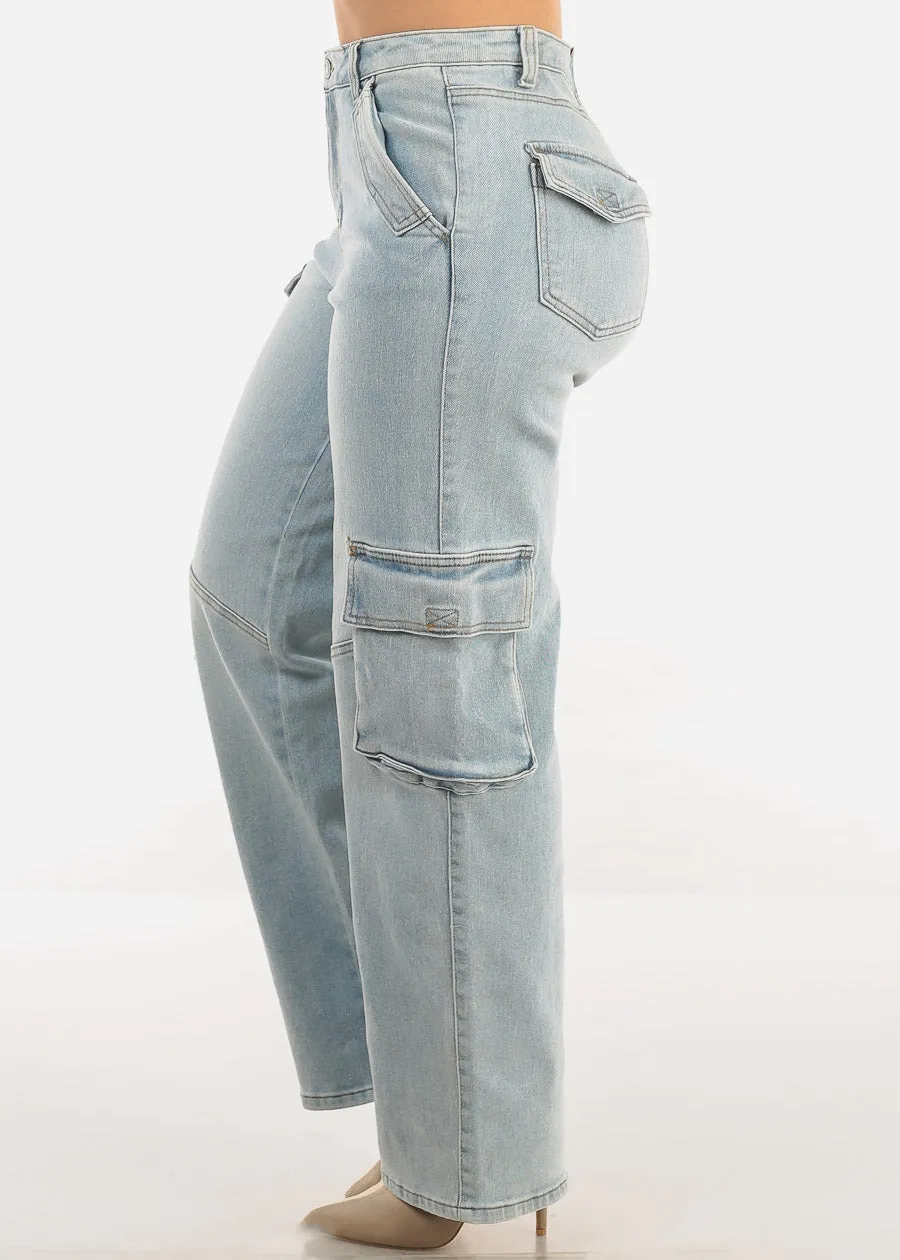 Super High Waist Straight Wide Leg Cargo Jeans Light Wash sold by Moda product image thumbnail 3