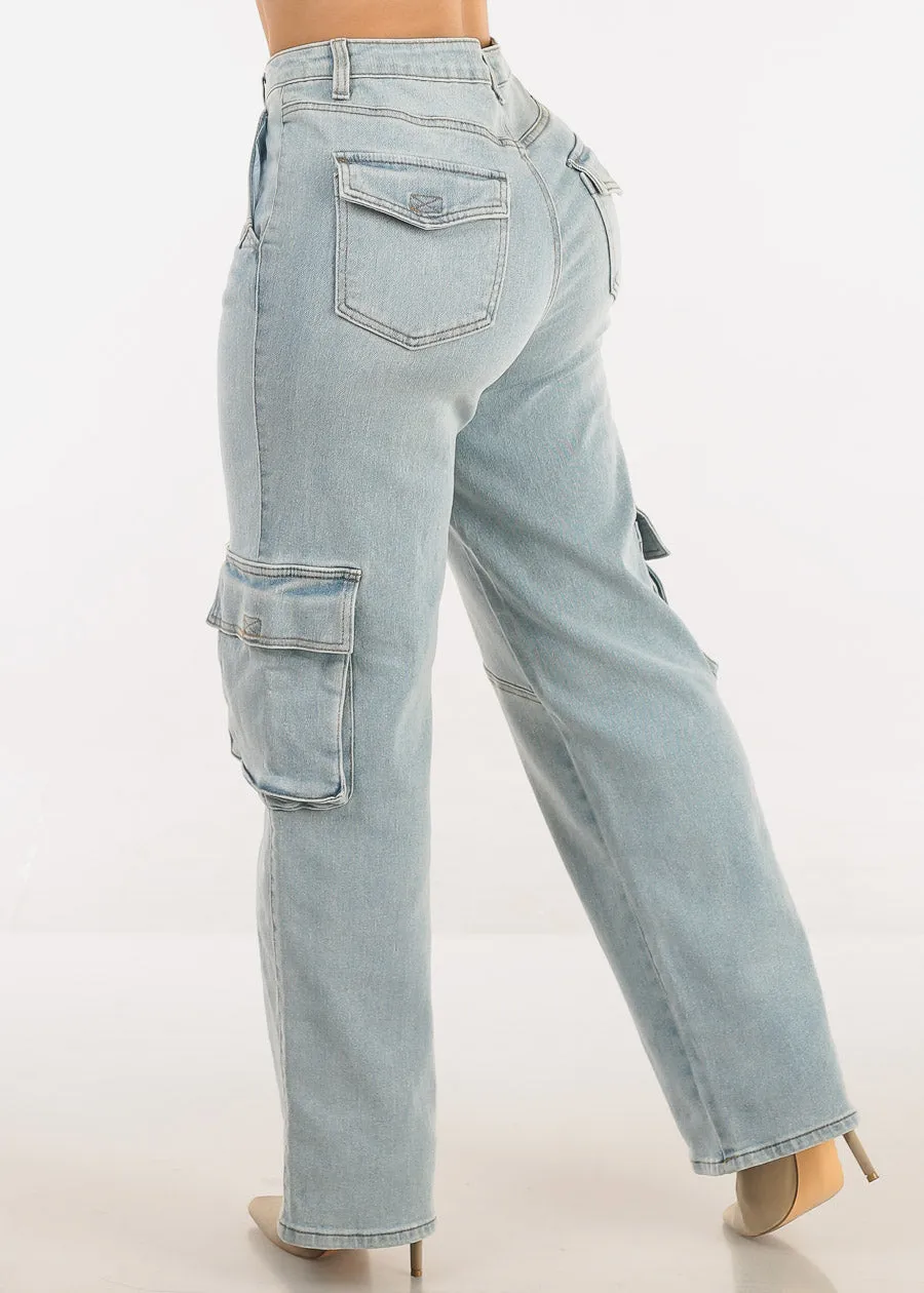 Super High Waist Straight Wide Leg Cargo Jeans Light Wash sold by Moda product image thumbnail 4
