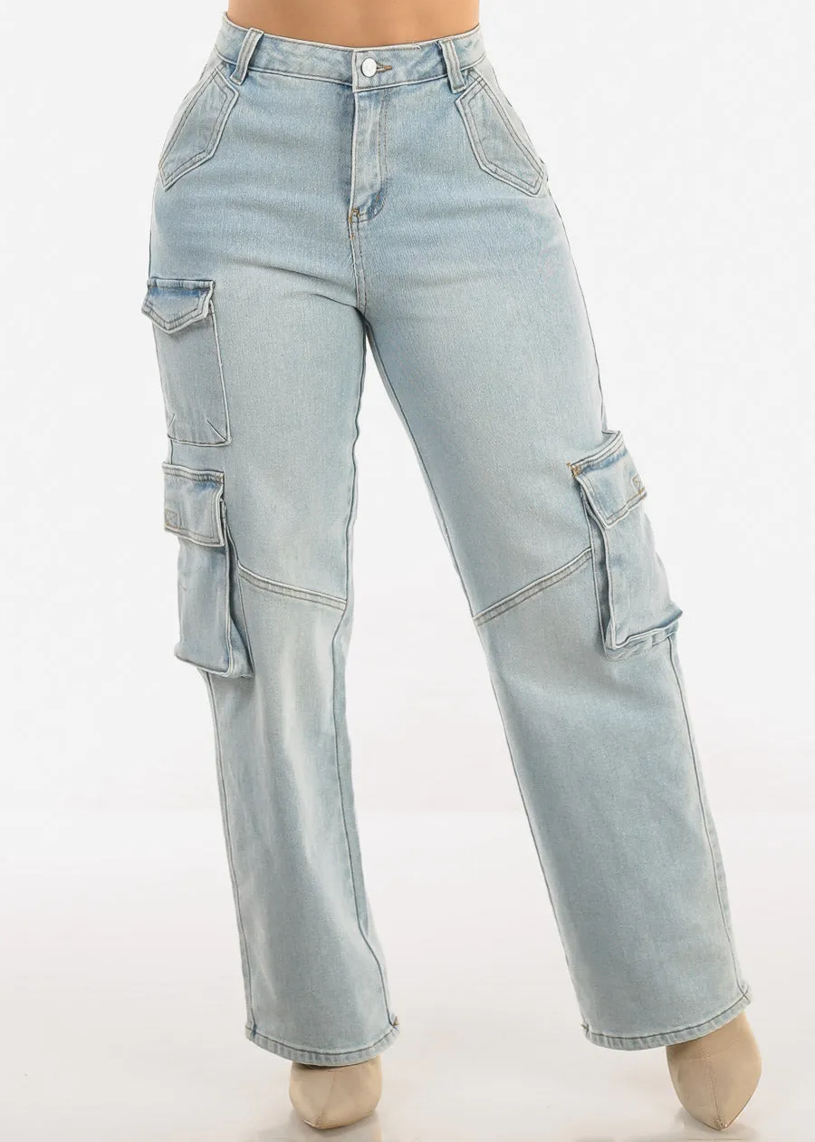 Super High Waist Straight Wide Leg Cargo Jeans Light Wash sold by Moda