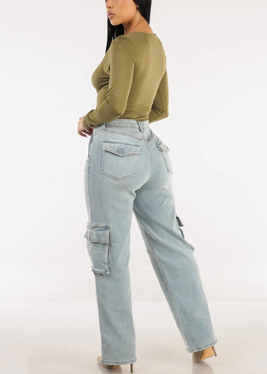 Super High Waist Straight Wide Leg Cargo Jeans Light Wash sold by Moda product image thumbnail 5