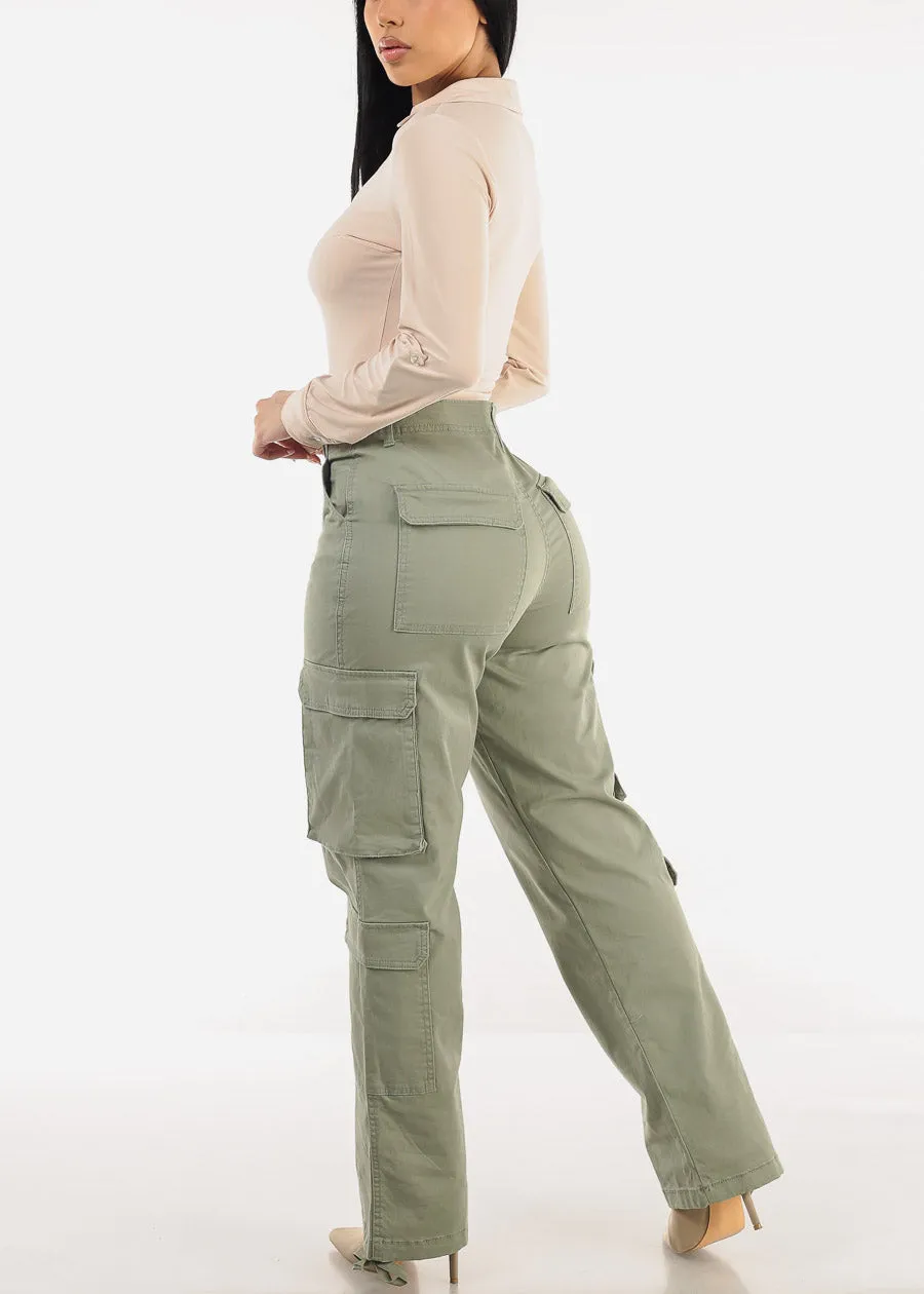 Super High Waist Straight Wide Leg Cargo Jeans Sage sold by Moda product image thumbnail 5