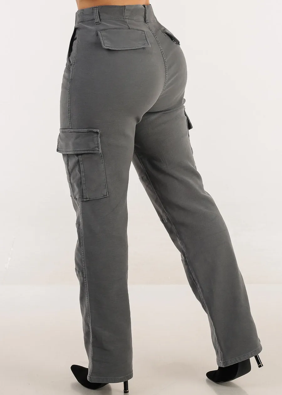 Butt Lift High Rise Straight Wide Leg Cargo Jeans Charcoal sold by Moda
