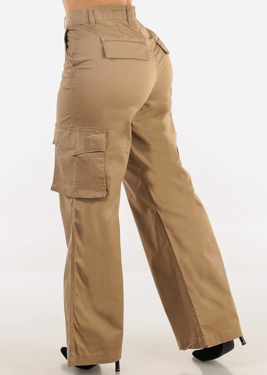 Butt Lift Super High Waist Wide Leg Cargo Pants Khaki sold by Moda