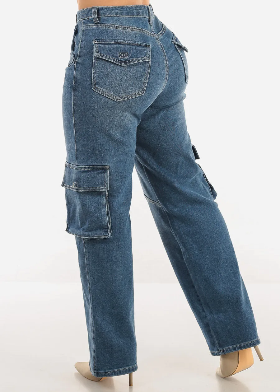 Super High Waist Straight Wide Leg Cargo Jeans Dark Wash sold by Moda product image thumbnail 4