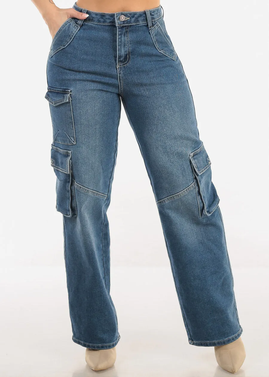Super High Waist Straight Wide Leg Cargo Jeans Dark Wash sold by Moda
