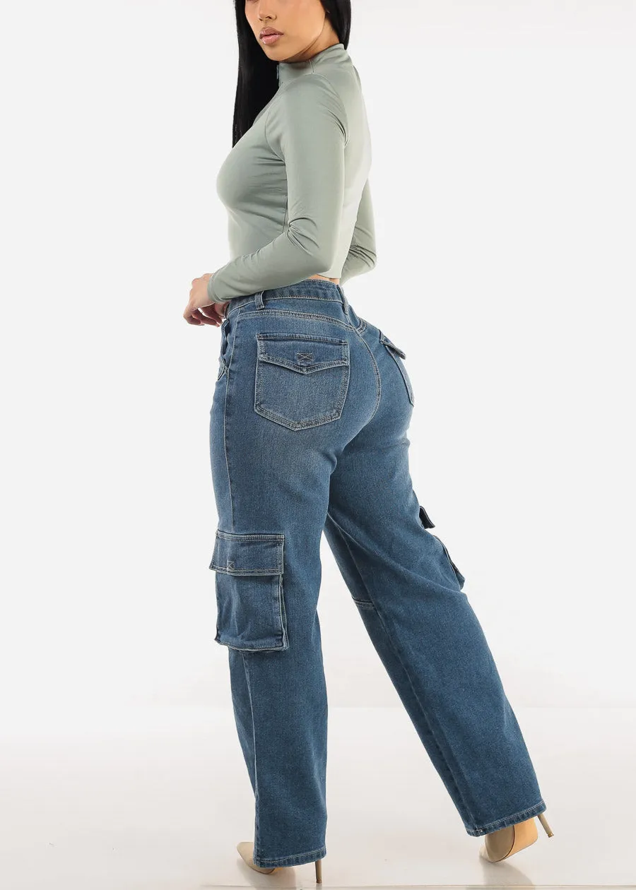Super High Waist Straight Wide Leg Cargo Jeans Dark Wash sold by Moda product image thumbnail 5