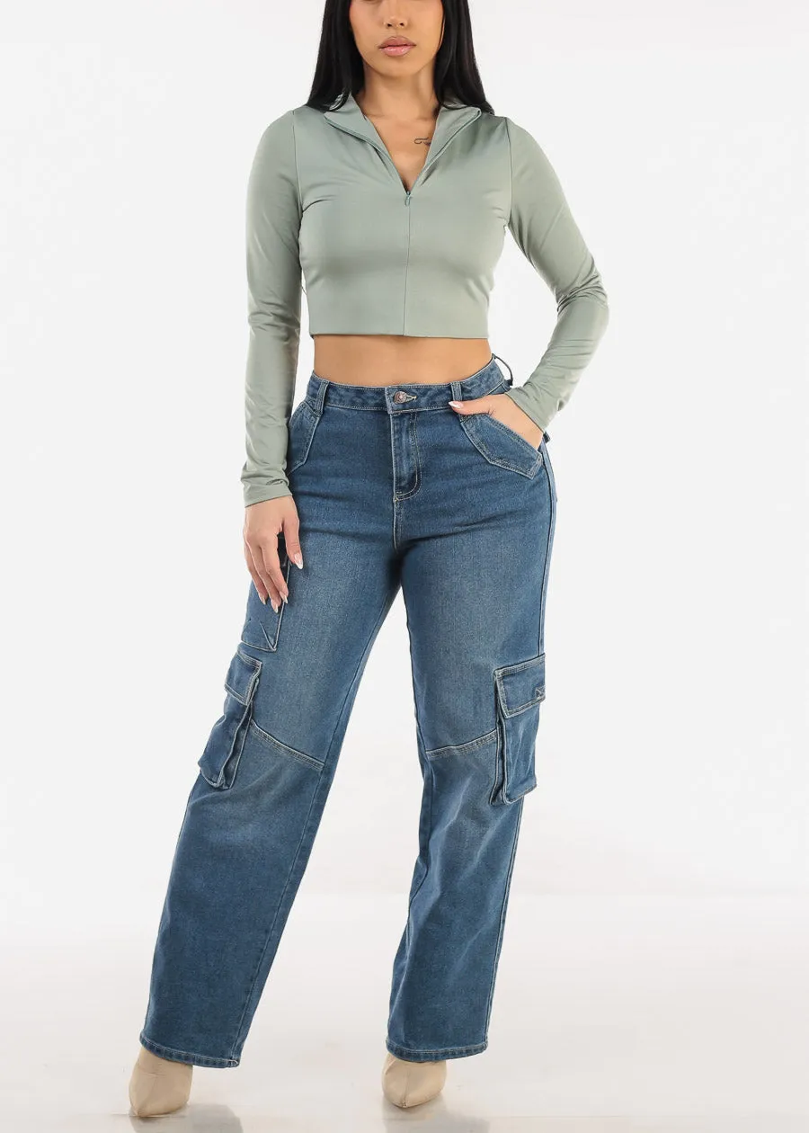 Super High Waist Straight Wide Leg Cargo Jeans Dark Wash sold by Moda product image thumbnail 2