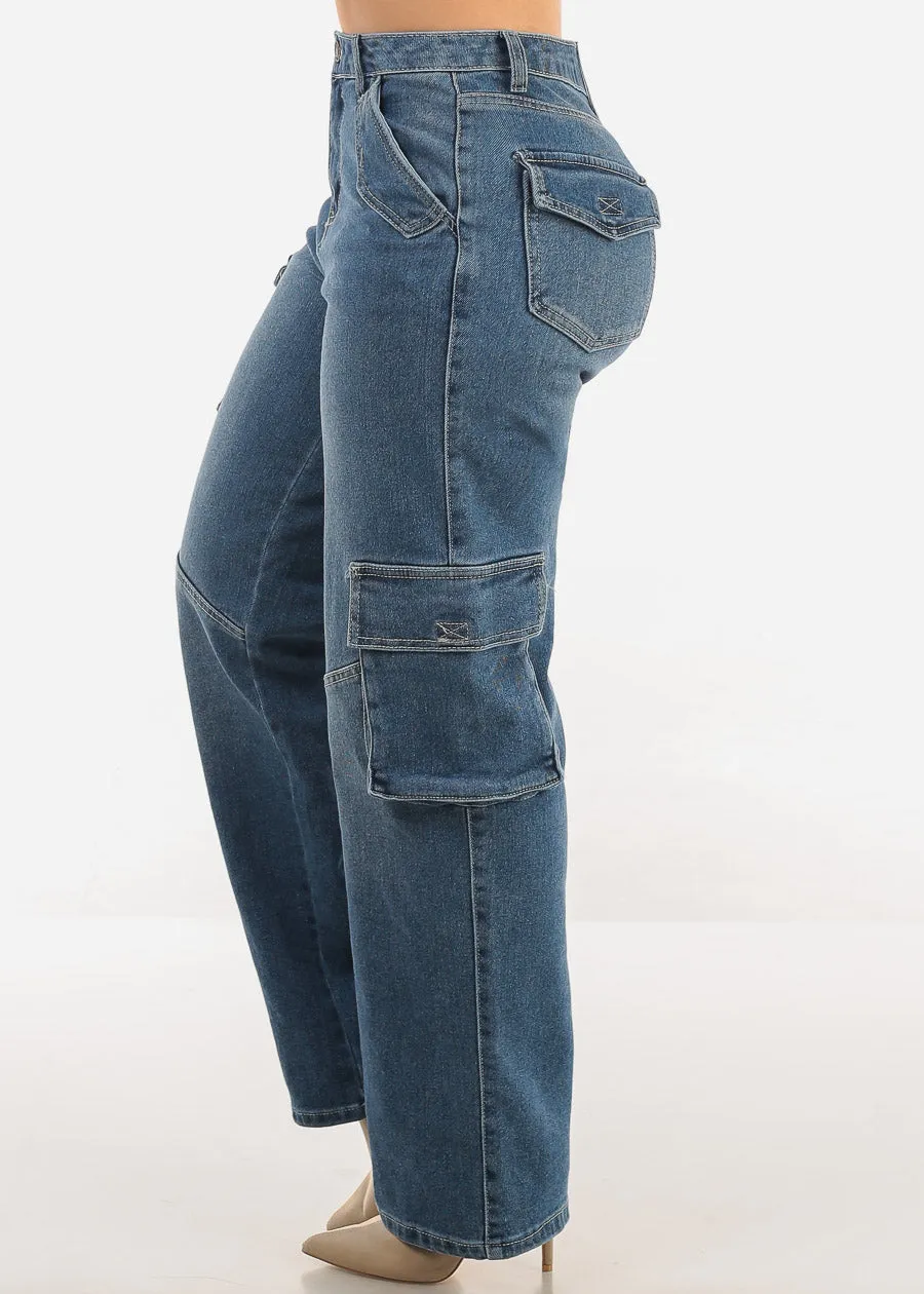 Super High Waist Straight Wide Leg Cargo Jeans Dark Wash sold by Moda product image thumbnail 3
