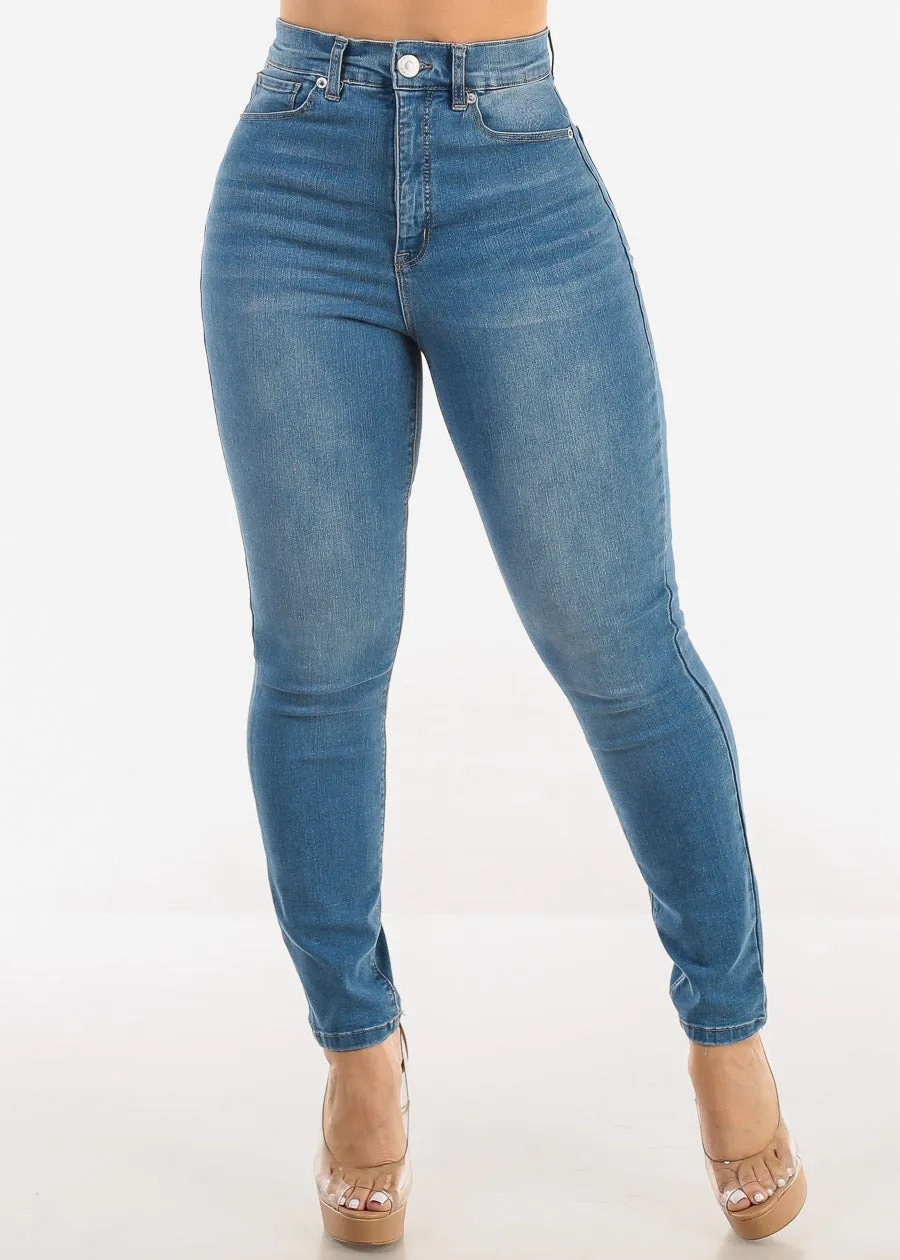 Super High Waist 1 Button Skinny Jeans Light Wash sold by Moda