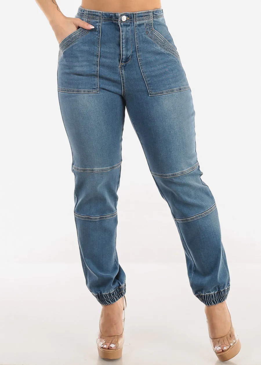 Super High Waist Med Wash Jogger Jeans sold by Moda