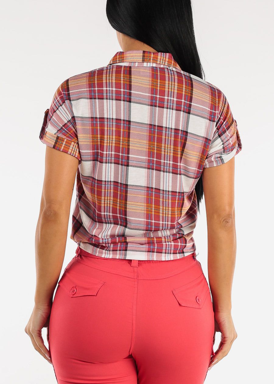 Short Sleeve Tie Front Button Up Plaid Shirt Rust sold by Moda product image thumbnail 4