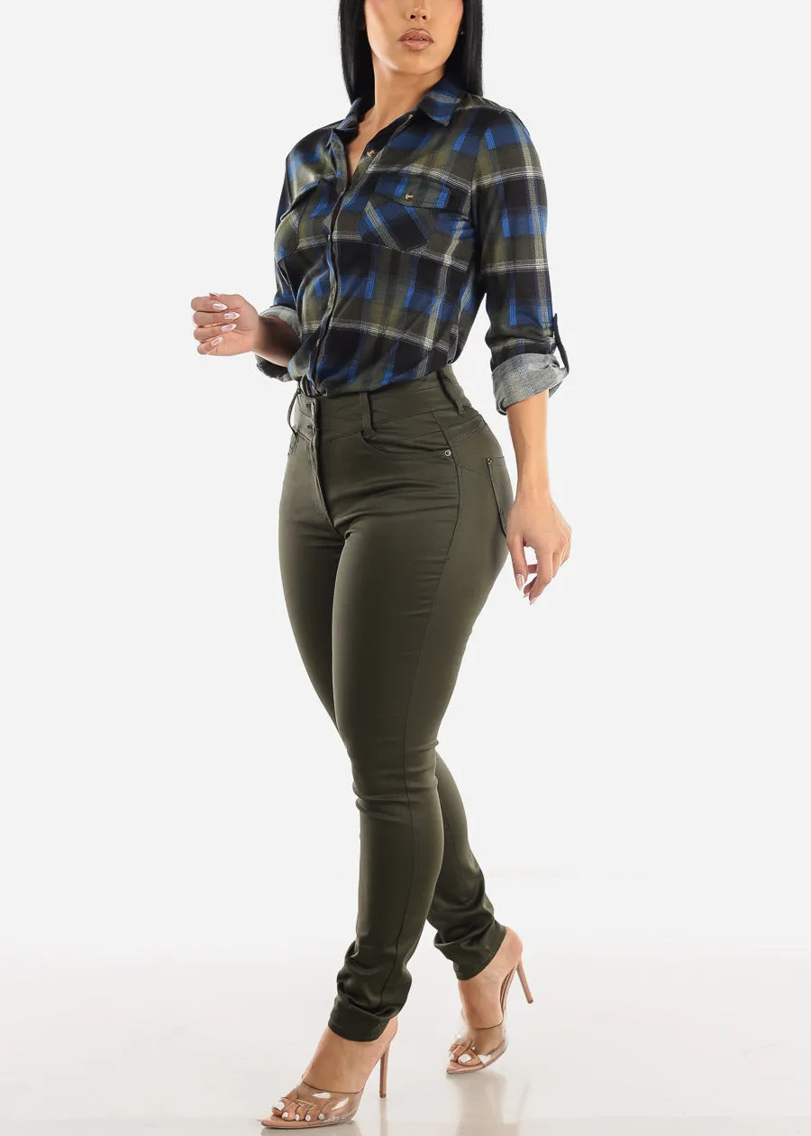 Butt Lifting Coated Faux Leather Skinny Jeans Olive sold by Moda product image thumbnail 2