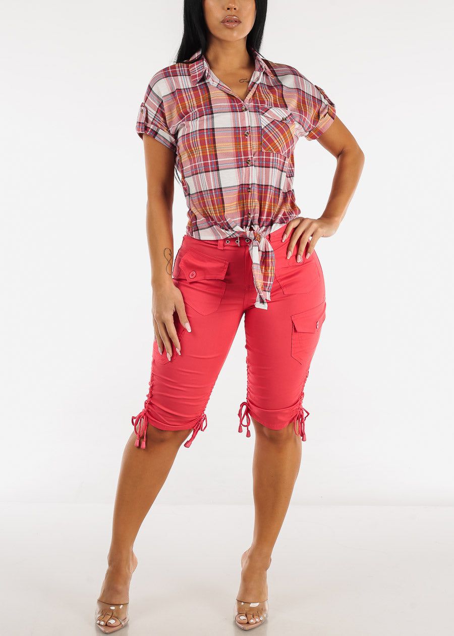 Short Sleeve Tie Front Button Up Plaid Shirt Rust sold by Moda product image thumbnail 2