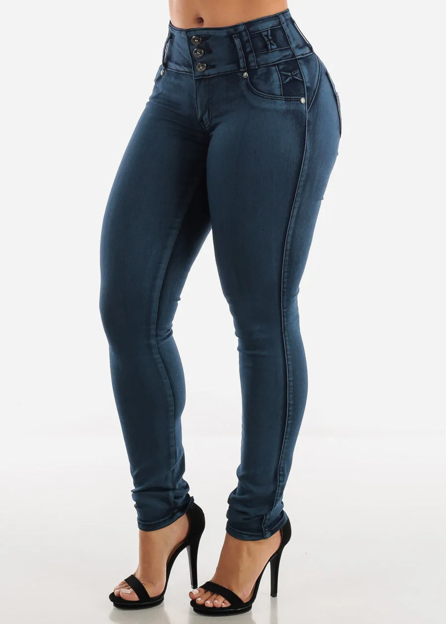 MX JEANS Butt Lifting Dark Acid Blue Skinny Jeans W Rhinestone Pockets sold by Moda product image thumbnail 3