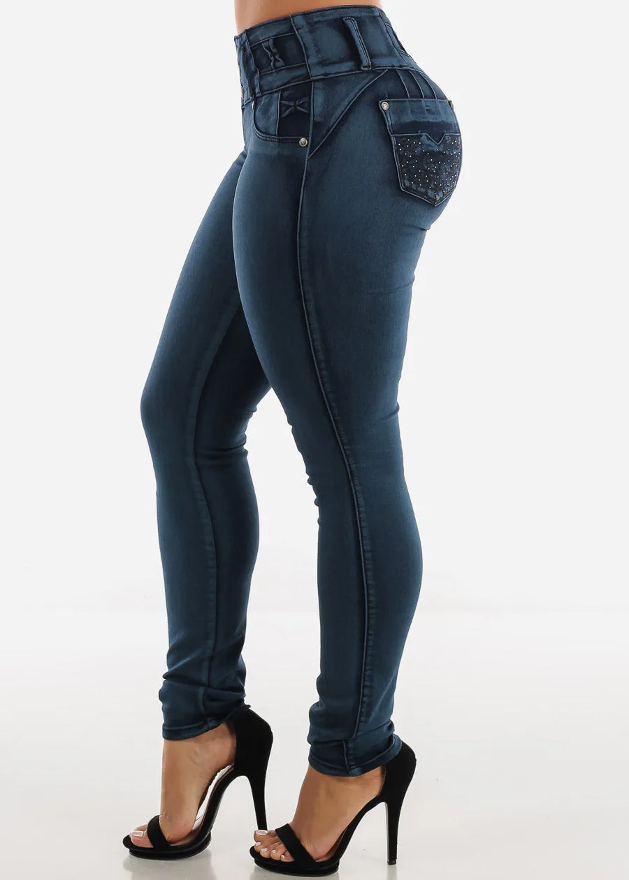 MX JEANS Butt Lifting Dark Acid Blue Skinny Jeans W Rhinestone Pockets sold by Moda product image thumbnail 4