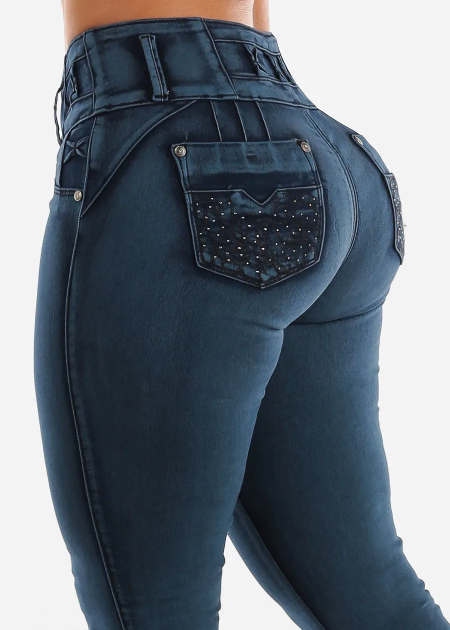 MX JEANS Butt Lifting Dark Acid Blue Skinny Jeans W Rhinestone Pockets sold by Moda