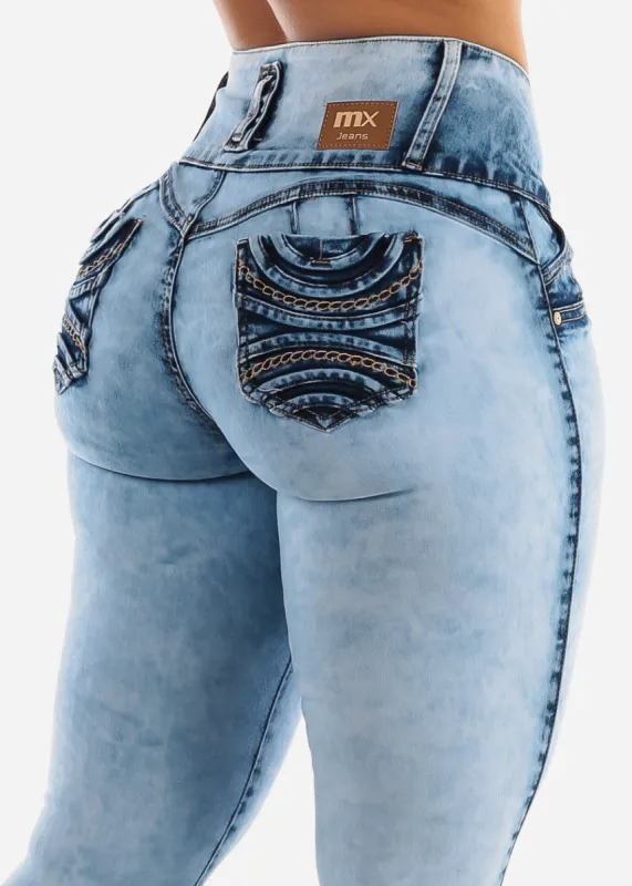 MX JEANS Light Acid Wash Butt Lift Mid Rise Skinny Jeans sold by Moda
