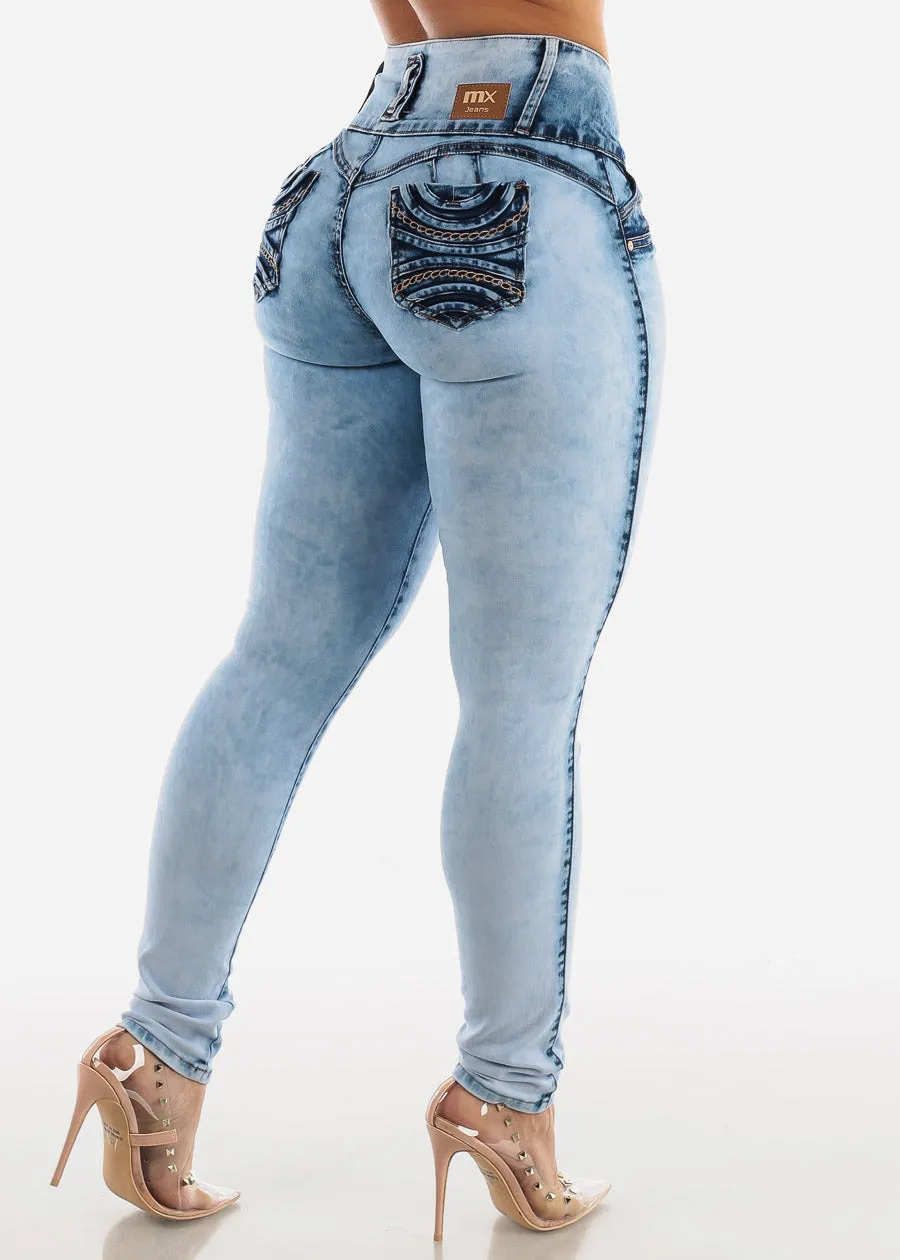 MX JEANS Light Acid Wash Butt Lift Mid Rise Skinny Jeans sold by Moda product image thumbnail 5