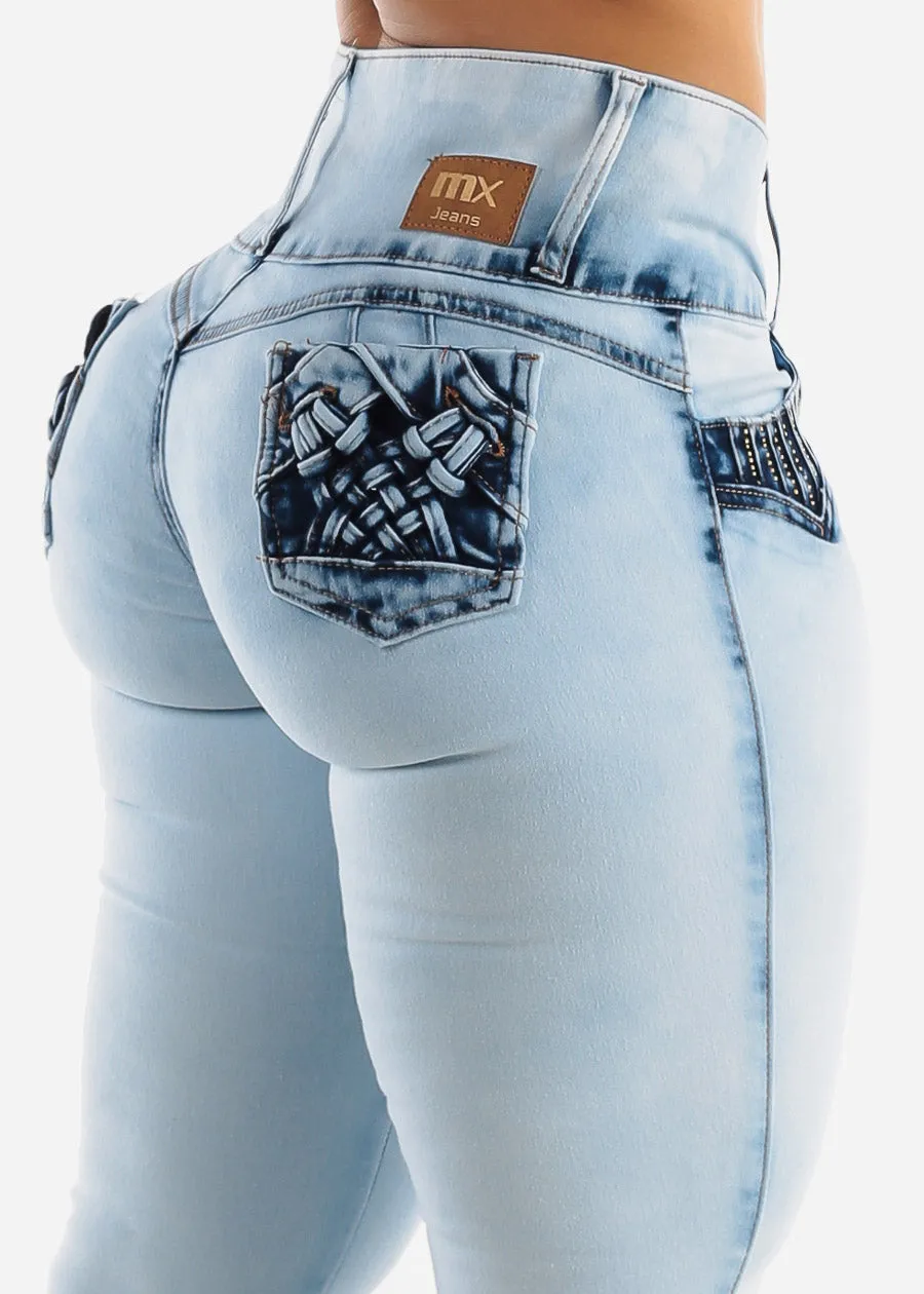 MX JEANS Light Acid Wash Butt Lift Mid Rise Skinny Jeans sold by Moda