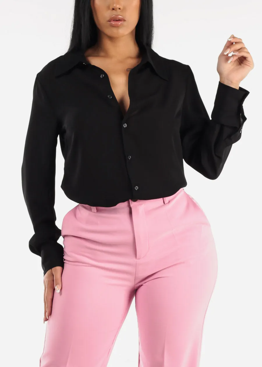 Chiffon Long Sleeve Collared Blouse Black sold by Moda