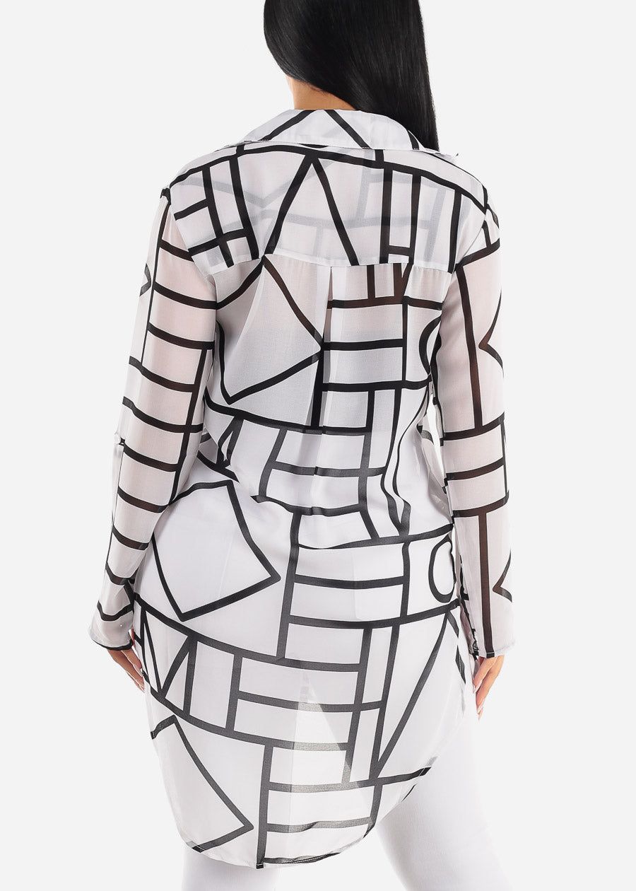 See Through Button Up Printed Tunic Shirt White sold by Moda product image thumbnail 4