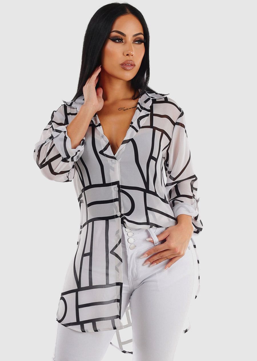 See Through Button Up Printed Tunic Shirt White sold by Moda