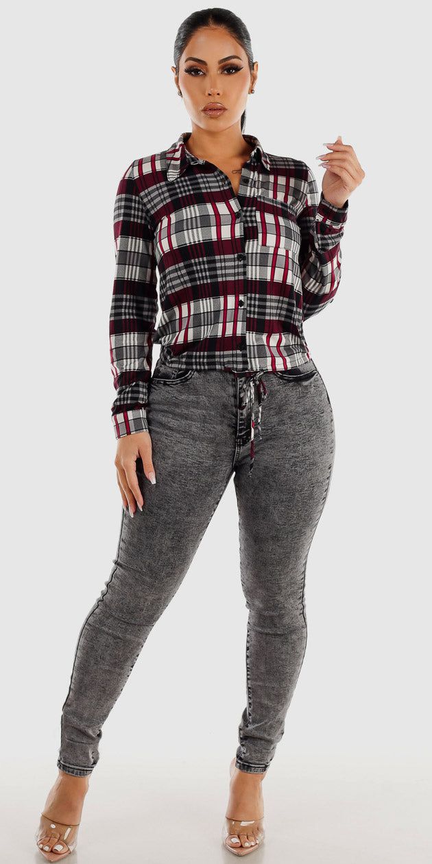 High Waisted Grey Acid Wash Skinny Jeans with Long Sleeve Drawstring Waist Plaid Shirt sold by Moda